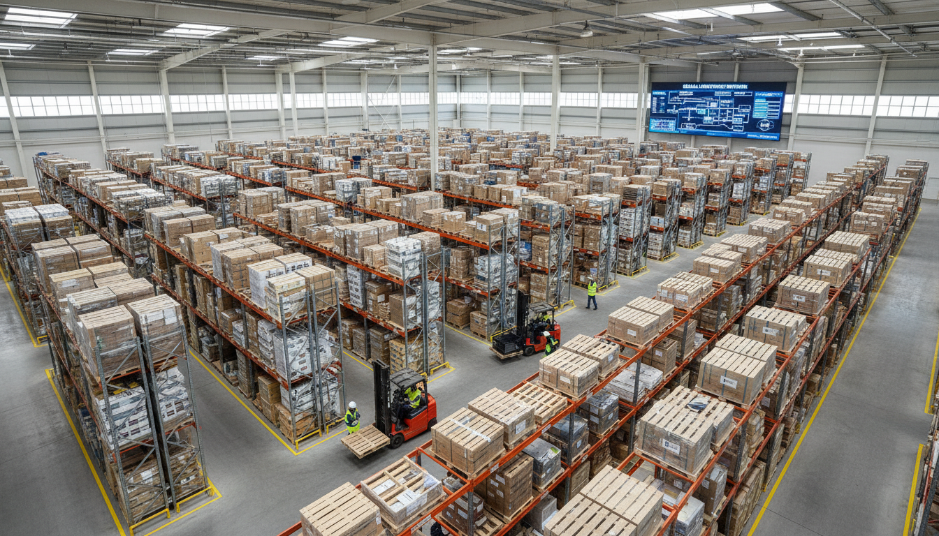 Overhead view of organized warehouse with workers managing inventory across shelving units and pallet systems in bright industrial space Overhead view of organized warehouse with workers managing inventory across shelving units and pallet systems in bright industrial space