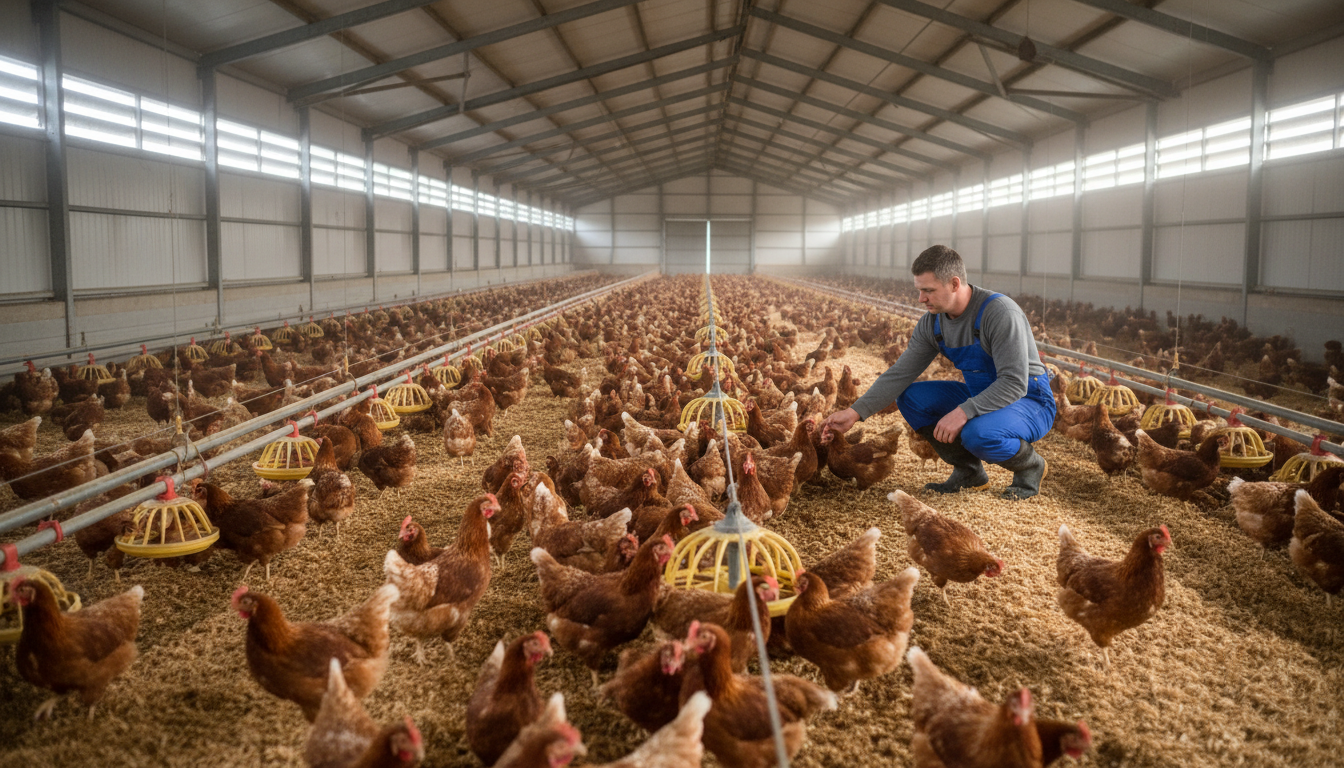 Farm worker inspecting healthy broiler chickens in modern barn with natural lighting and organized farm infrastructure Farm worker inspecting healthy broiler chickens in modern barn with natural lighting and organized farm infrastructure