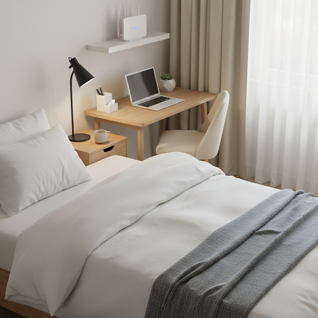 Organized bedroom with desk workspace, quality furnishings, task lighting, and modern amenities in verified rental property Organized bedroom with desk workspace, quality furnishings, task lighting, and modern amenities in verified rental property
