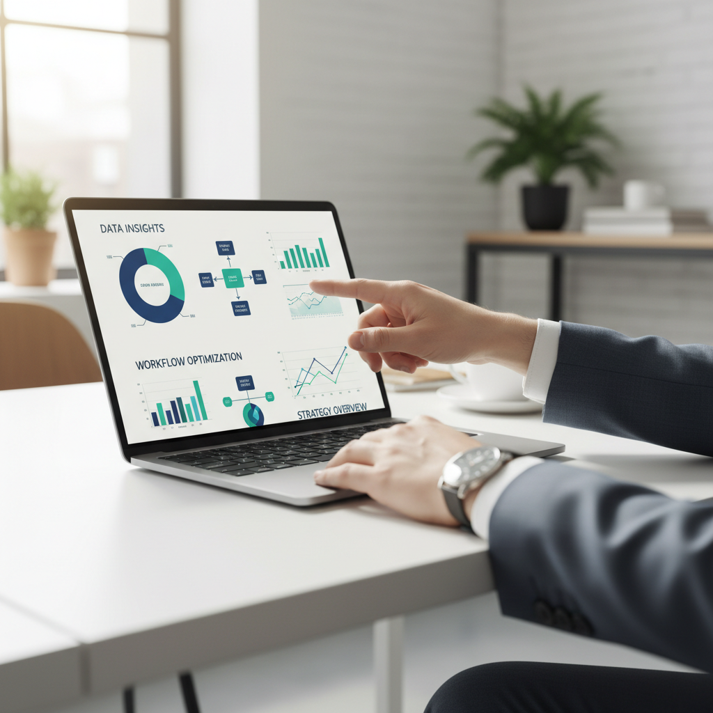 Rebuilt helps Irvine businesses identify the highest ROI opportunities through comprehensive AI audits. AI consultant discussing data insights with a small business owner in a modern Irvine office.