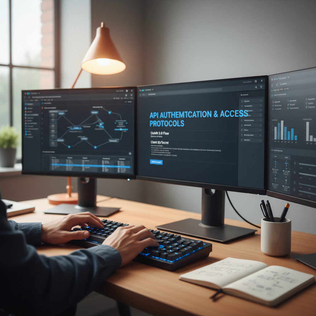 Custom software automation and data pipelines are essential for accurate ROI reporting. Developer writing code with a complex data flow diagram visible on dual monitors for industrial automation.