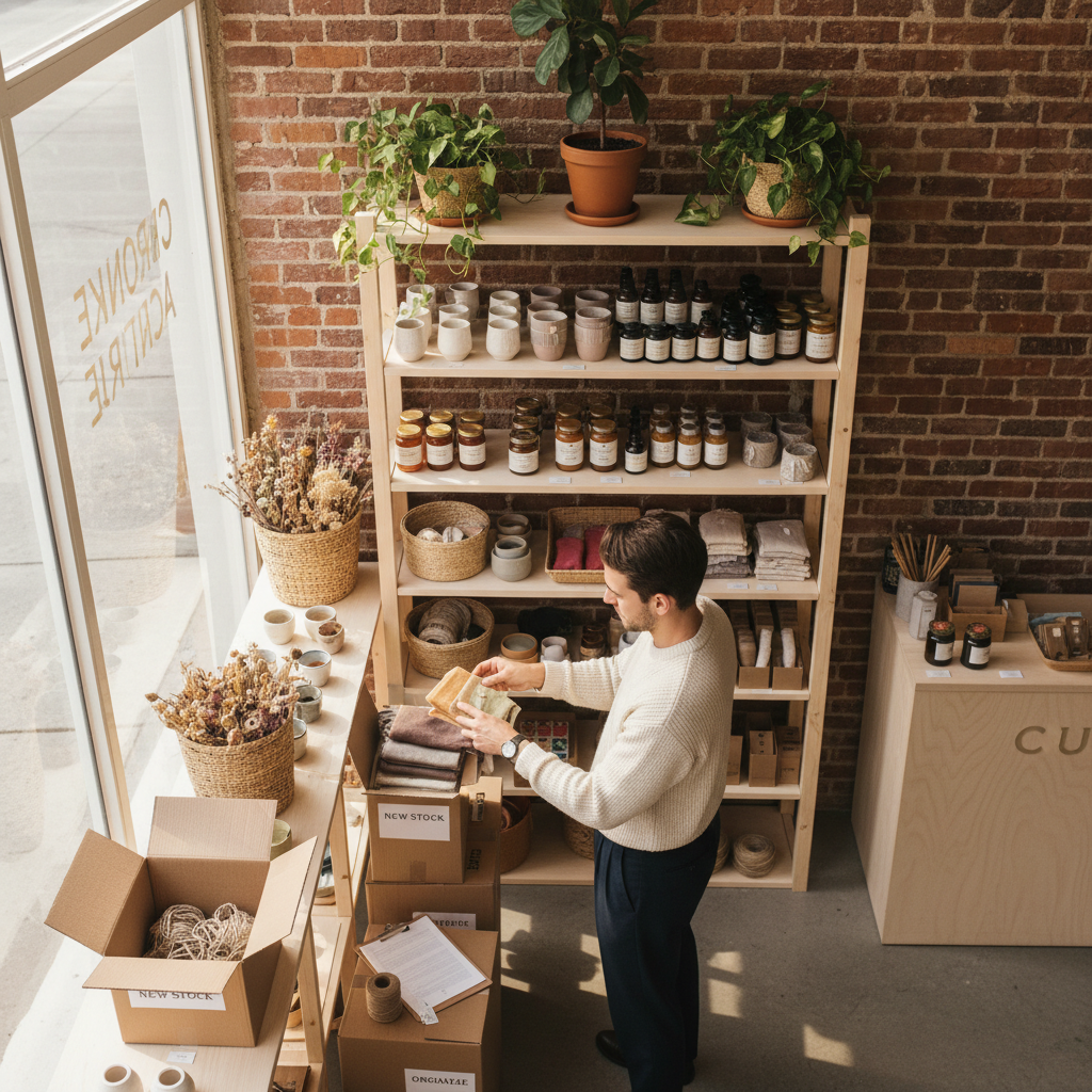 Entrepreneur arranging products on wooden shelves in bright, minimal urban retail space with natural morning light Entrepreneur arranging products on wooden shelves in bright, minimal urban retail space with natural morning light