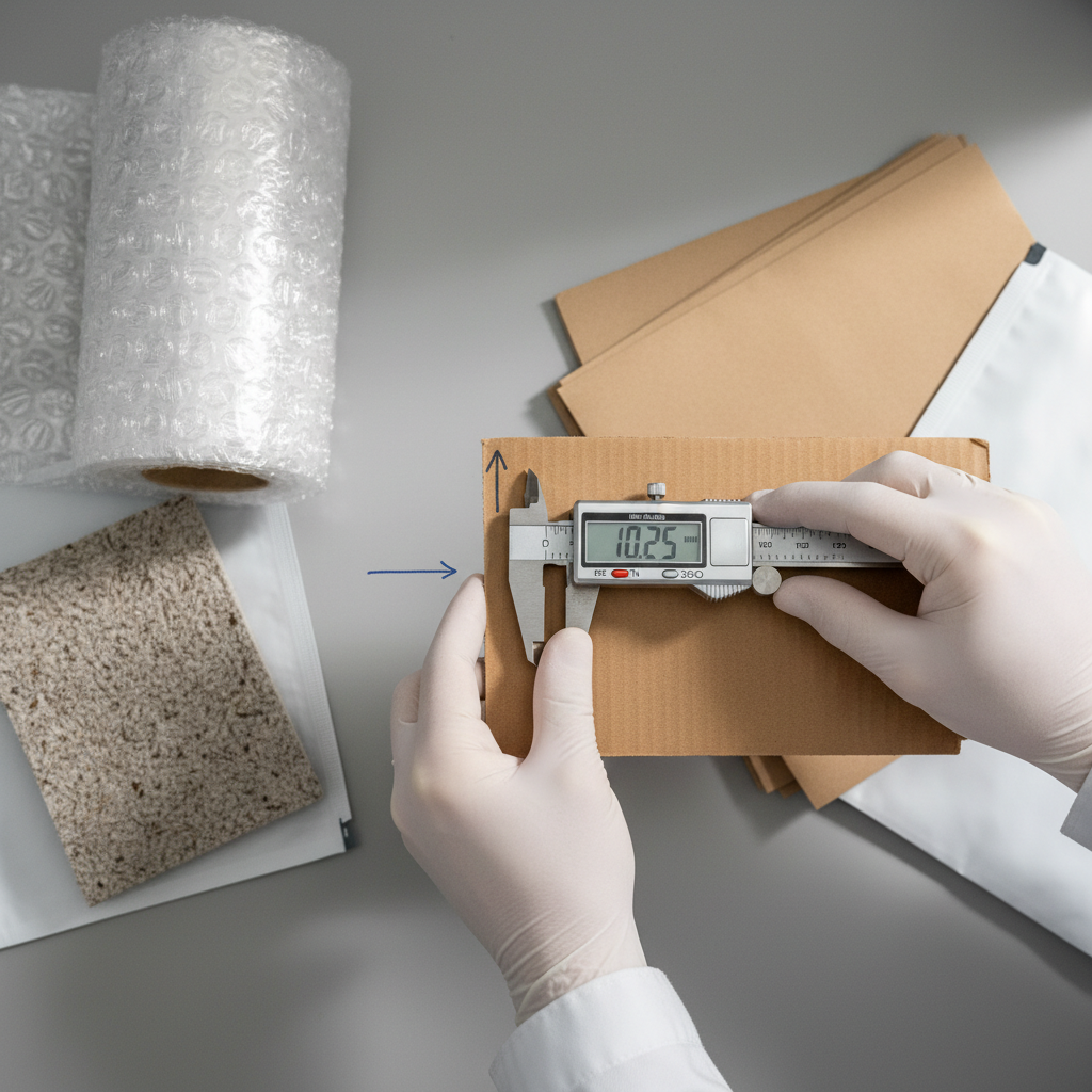Close-up of hands examining shipping box materials and protective packaging in bright warehouse inspection facility