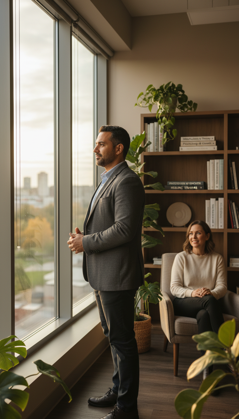 Therapy client standing at window in reflective moment with therapist visible in background during session