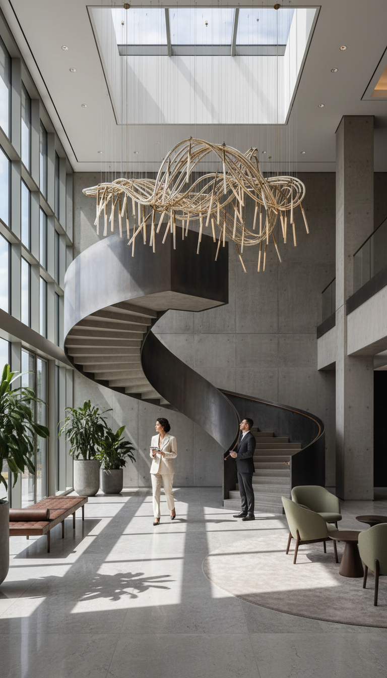Sophisticated modern building lobby with dramatic architectural features, polished materials, and contemporary lighting design