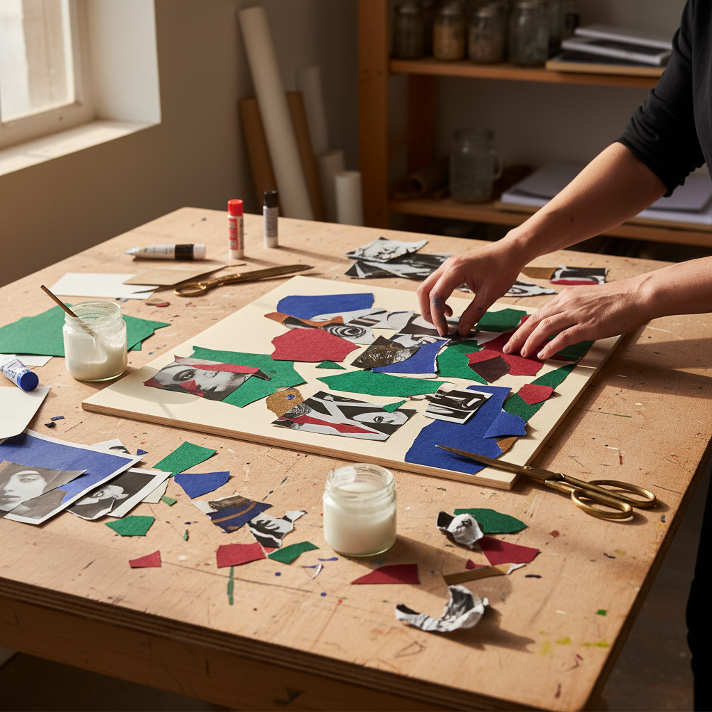 Artist hands arranging torn magazine pages and photo fragments in layered collage composition on wooden work surface
