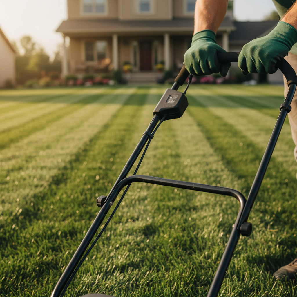 We bring a coach's discipline and attention to detail to every lawn we service in East Tennessee. A close-up of a striped lawn with a baseball glove resting on the grass, highlighting the company's coaching roots.