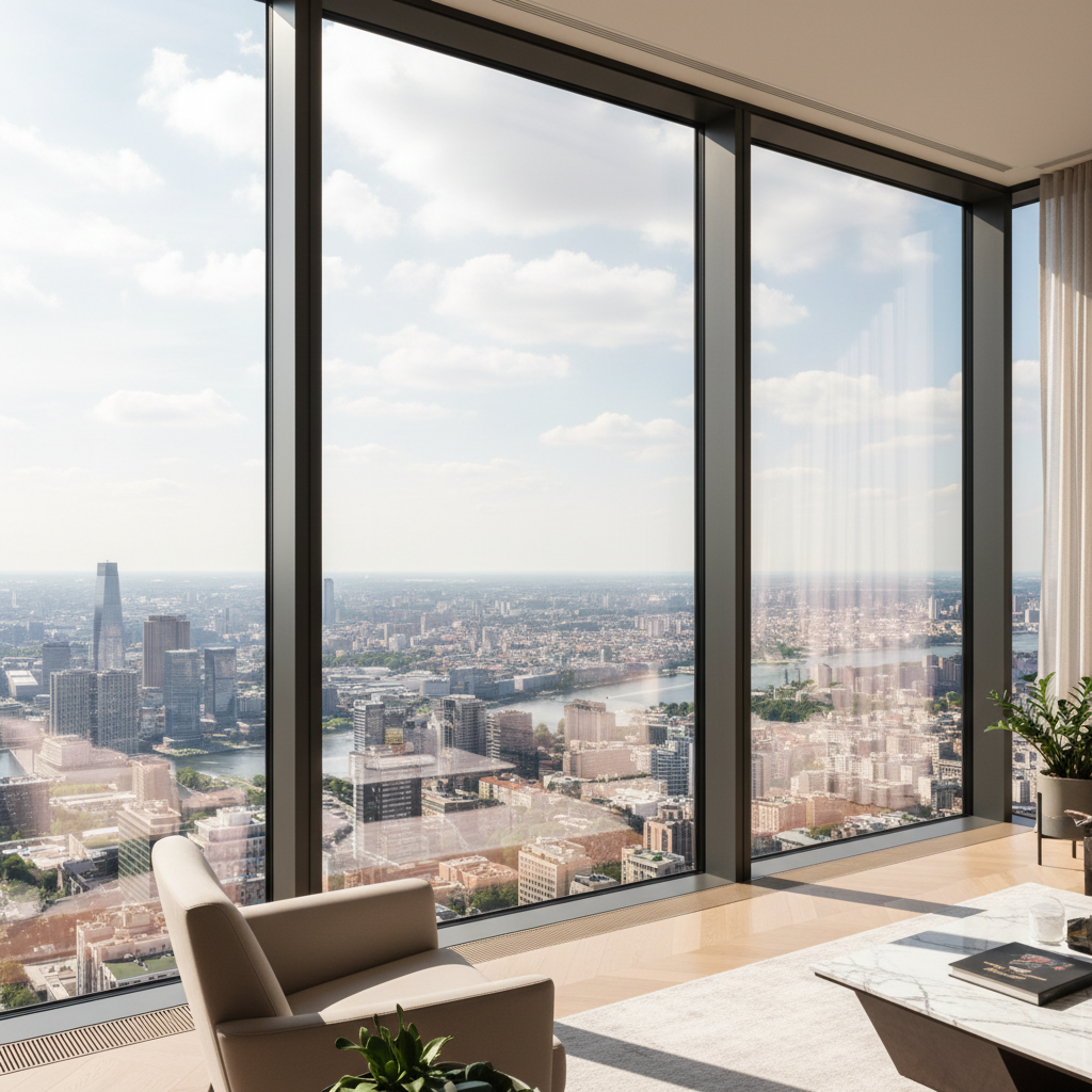 Floor-to-ceiling apartment window framing expansive cityscape view with natural daylight flooding luxury interior space Floor-to-ceiling apartment window framing expansive cityscape view with natural daylight flooding luxury interior space