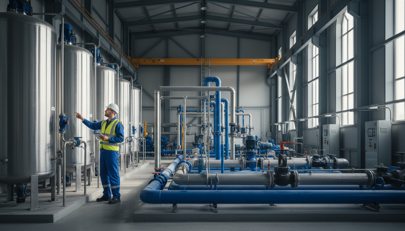 Engineer in safety gear inspecting large industrial water treatment facility with filtration tanks and piping systems