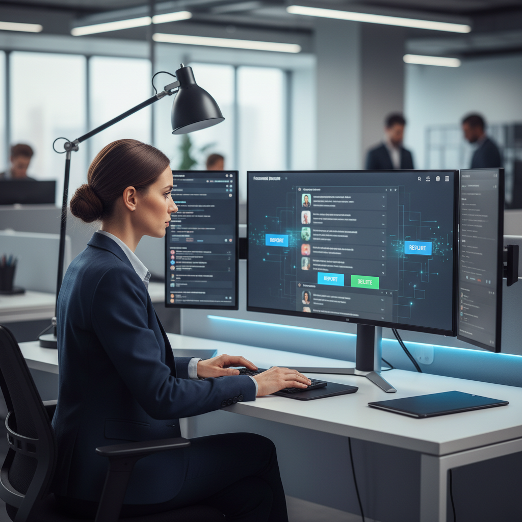 Community moderator sitting at desk with multiple monitors displaying discussion threads and moderation tools Community moderator sitting at desk with multiple monitors displaying discussion threads and moderation tools