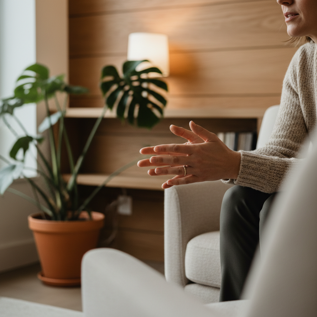 Psychologist's hands gesturing during empathetic counseling session in warm, naturally lit office environment Psychologist's hands gesturing during empathetic counseling session in warm, naturally lit office environment