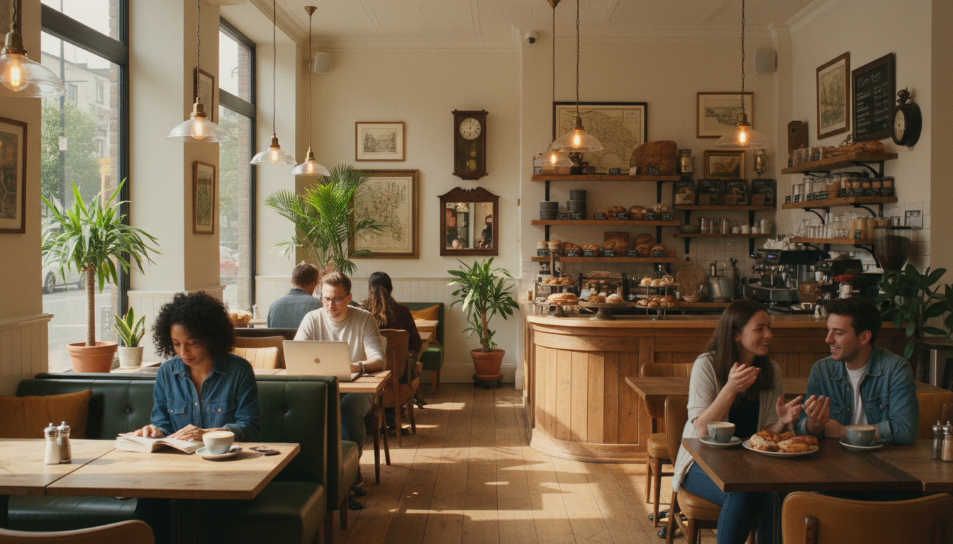 Sunny café interior with diverse customers enjoying coffee, pastries, and conversation at vintage wooden tables