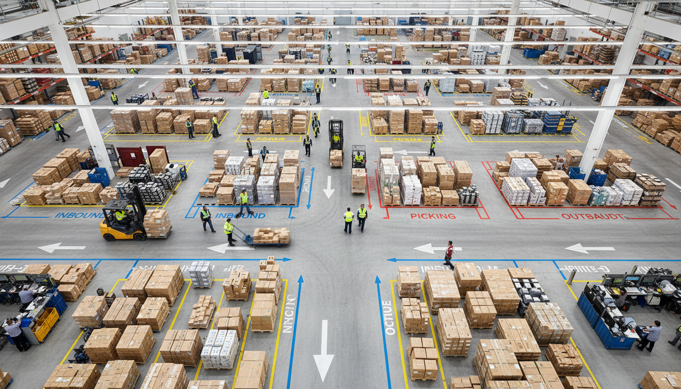 Overhead view of busy warehouse distribution center with multiple forklift operators, workers, and organized inventory zones Overhead view of busy warehouse distribution center with multiple forklift operators, workers, and organized inventory zones