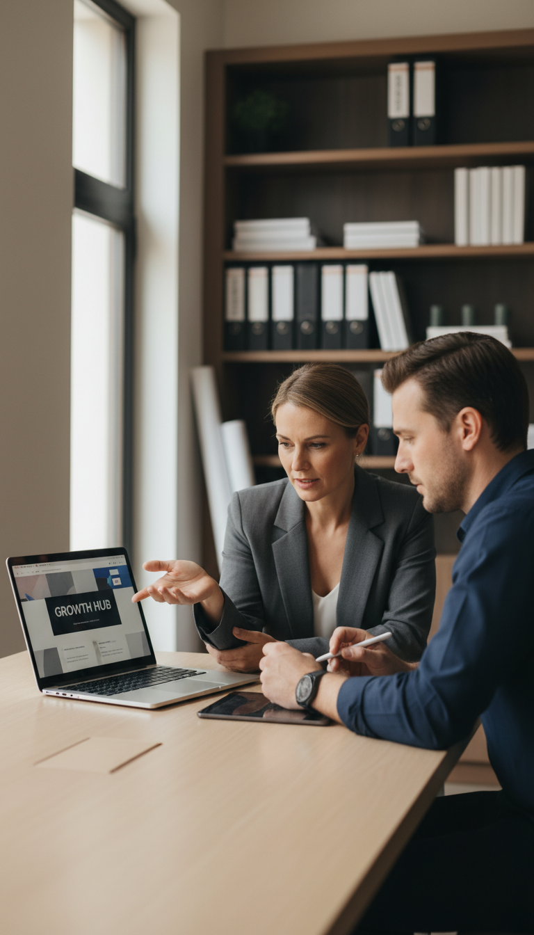 Web developer and business owner collaborating over laptop showing website prototype in professional meeting room Web developer and business owner collaborating over laptop showing website prototype in professional meeting room