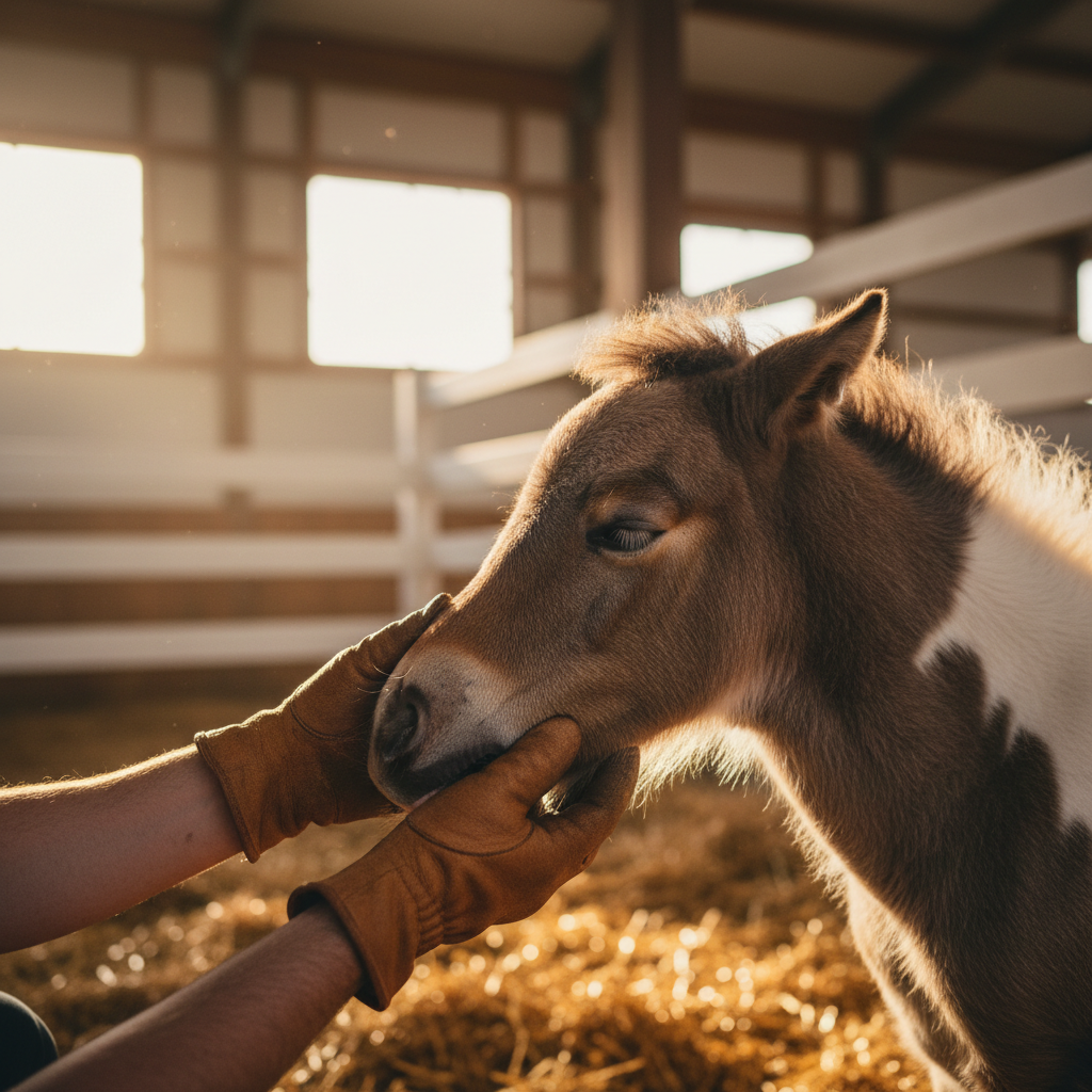 Handler carefully examining a young miniature horse foal's face in a bright barn with natural light