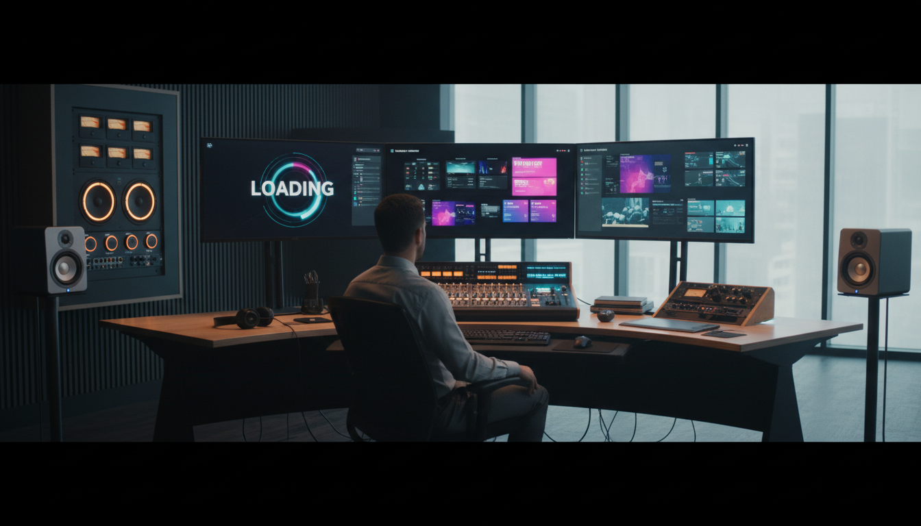 Multimedia design studio with designer at multi-monitor workstation displaying custom interface designs and audio equipment