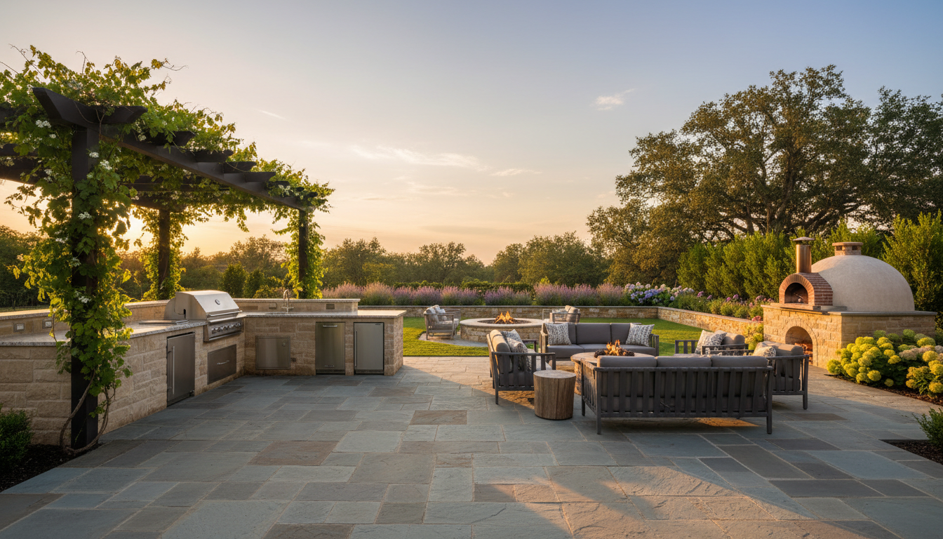 Light-colored materials and strategic shading are key to keeping outdoor surfaces walkable in triple-digit heat. Light colored stone pavers surrounding a luxury swimming pool with a pergola providing shade in the background.