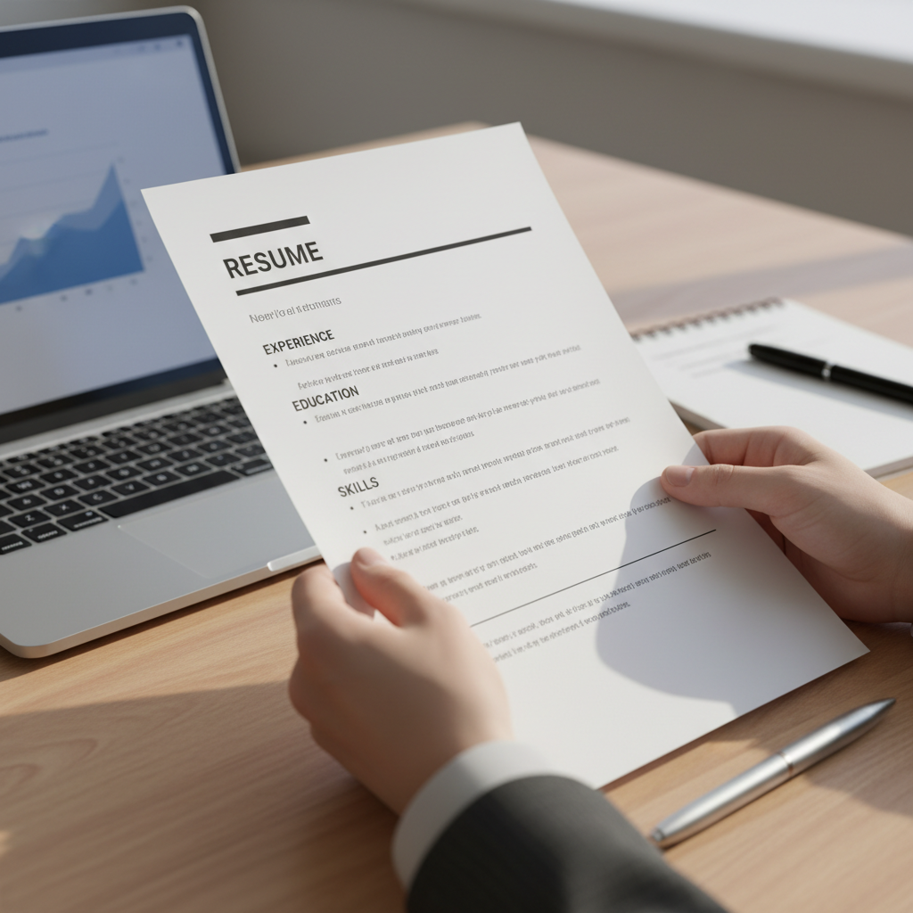 Polishing your resume for ATS involves both AI optimization and human verification. A business professional reviews a clean, modern resume document at a bright desk to ensure it is ATS-friendly.