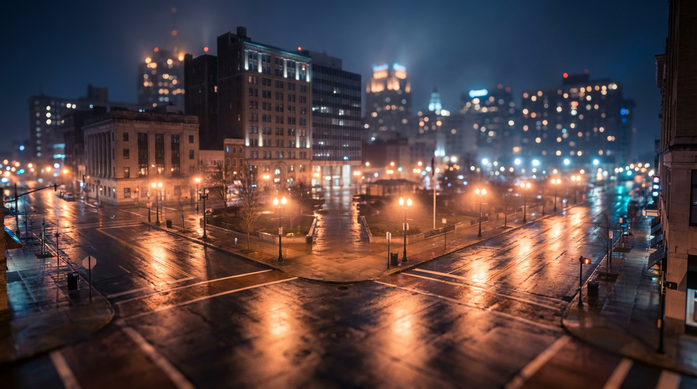 Understanding local nuances in markets like Newark requires deep audience intelligence before creative execution. The Newark city skyline at dusk with street lights reflecting on pavement, illustrating local community context.