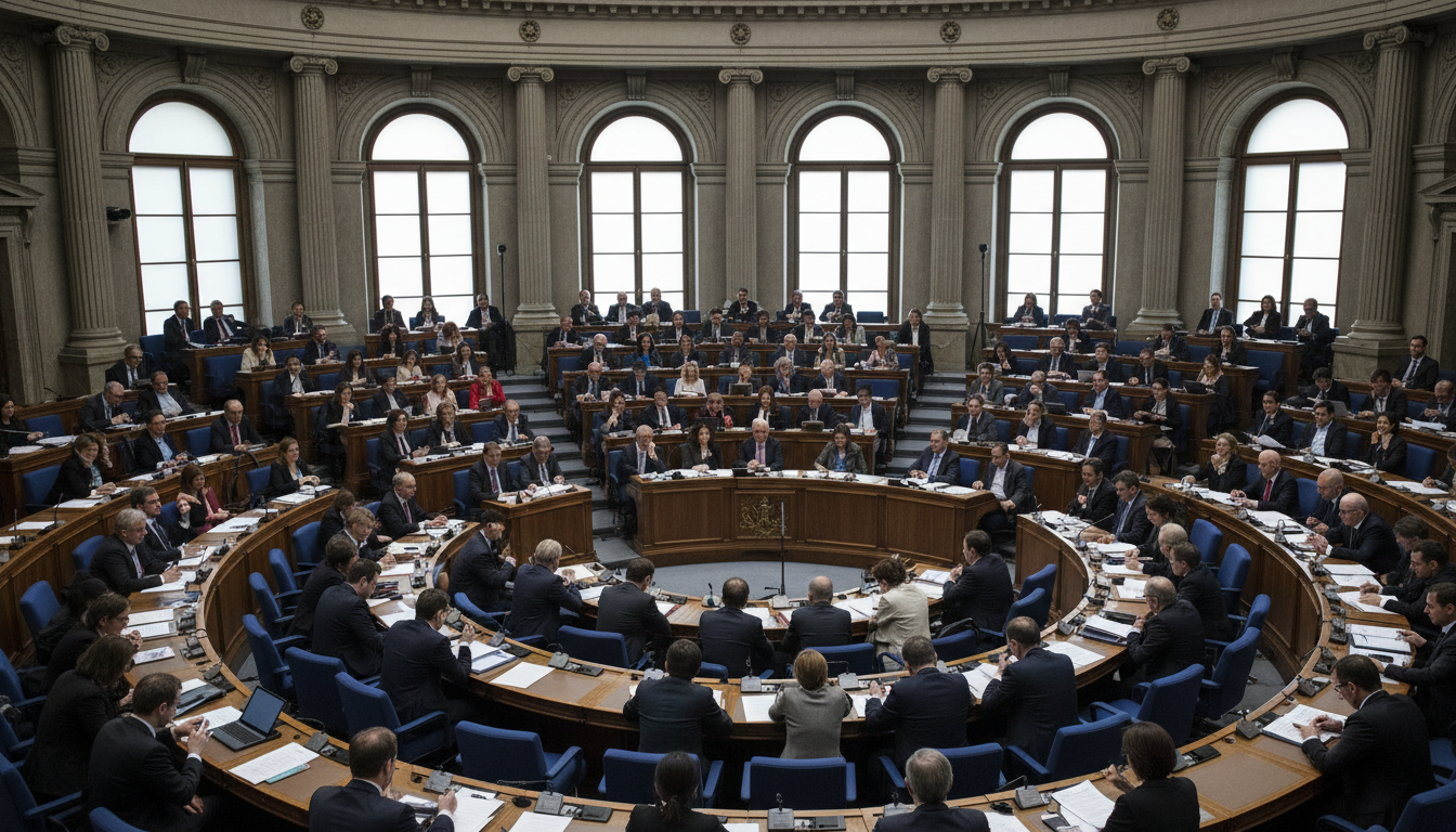 European parliamentary chamber with multiple professionals in formal business attire engaged in legislative discussions and note-taking