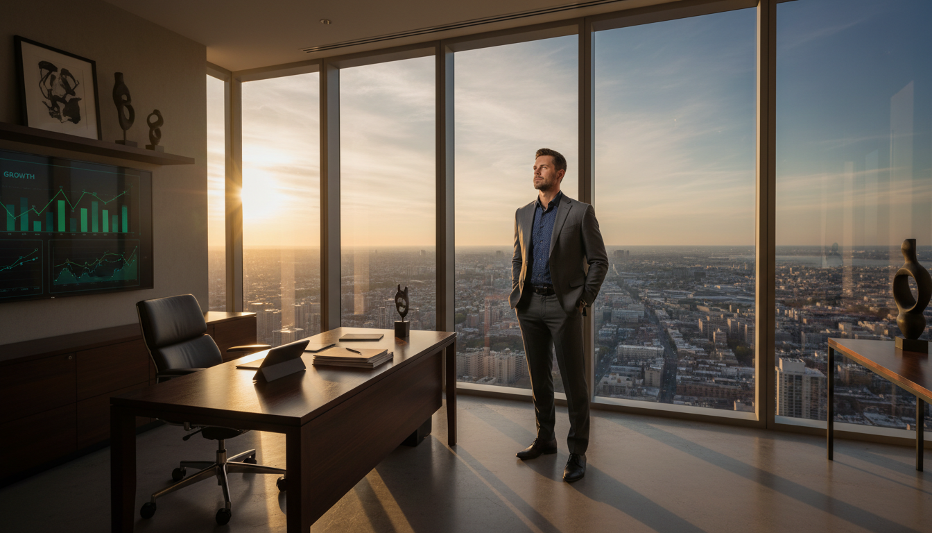 Professional standing confidently at office window overlooking city at sunset, contemplating financial success Professional standing confidently at office window overlooking city at sunset, contemplating financial success