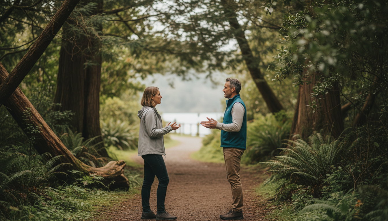Two professionals walking together on a tree-lined park path during an outdoor coaching conversation