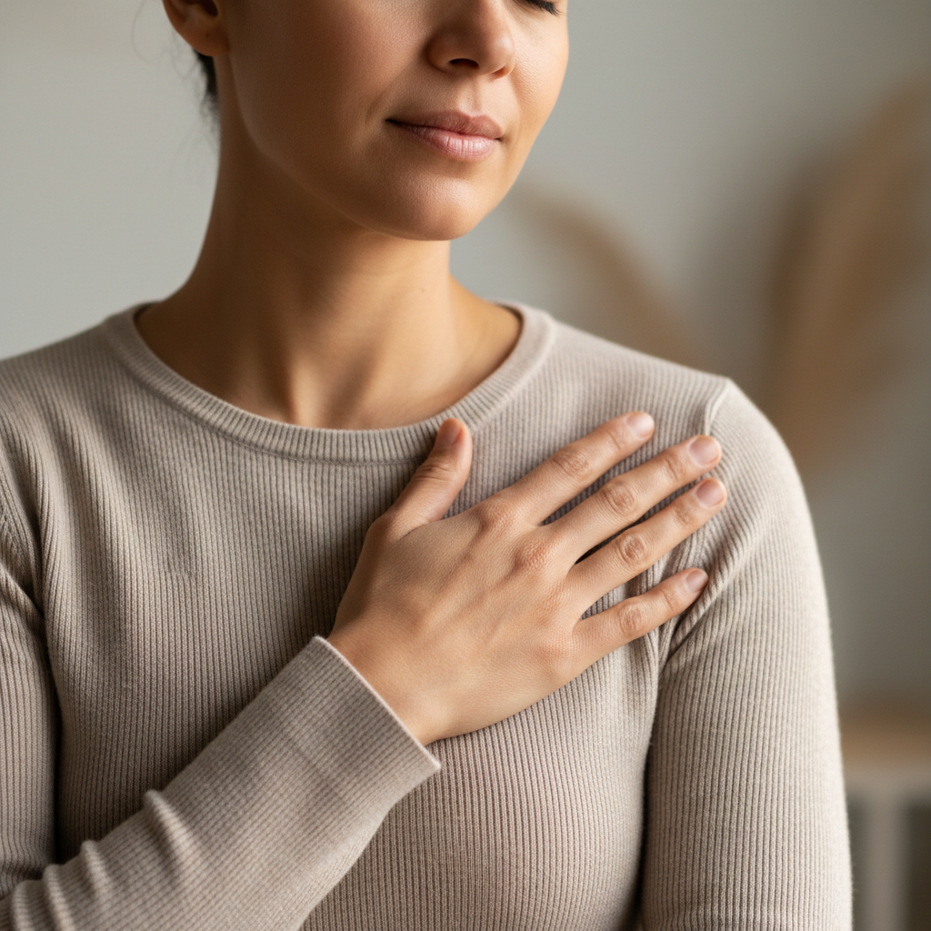Close-up of person's torso with hands placed on shoulder and heart in gentle, introspective somatic awareness moment Close-up of person's torso with hands placed on shoulder and heart in gentle, introspective somatic awareness moment