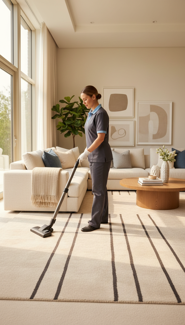 Regular vacuuming and green cleaning protect family health by removing allergens without adding toxins. A professional cleaner using a high-quality vacuum on a carpet in a bright, family-oriented living room.