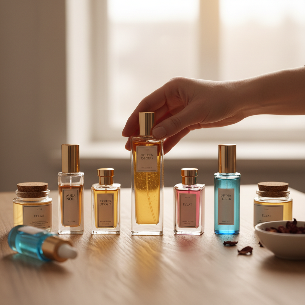 Close-up of premium fragrance oil bottles and cosmetics displayed on wood surface with professional hand inspecting product Close-up of premium fragrance oil bottles and cosmetics displayed on wood surface with professional hand inspecting product