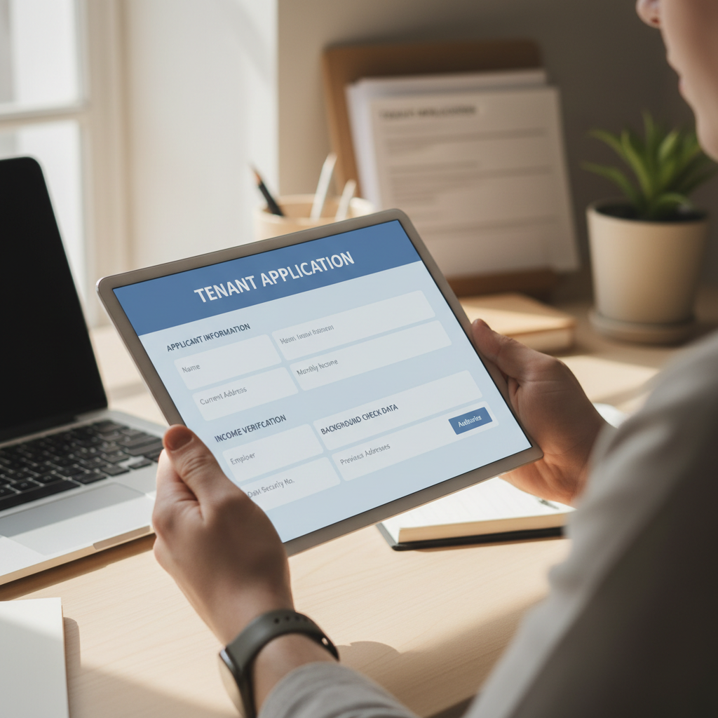 Property manager reviewing digital tenant application form on tablet with organized applicant information displayed