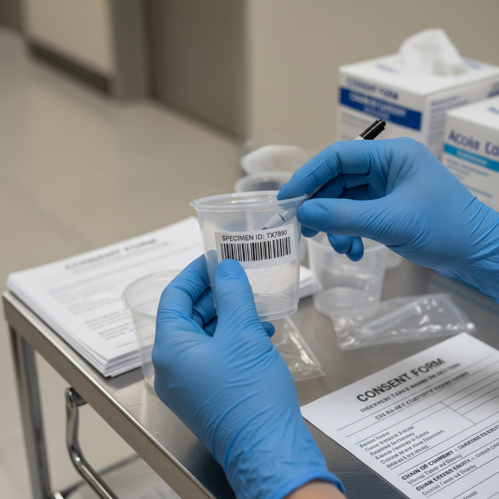 Accurate paperwork is just as important as the specimen itself in maintaining DOT compliance. A close up of a certified collector's hands handling a clipboard with chain of custody forms and a collection kit.