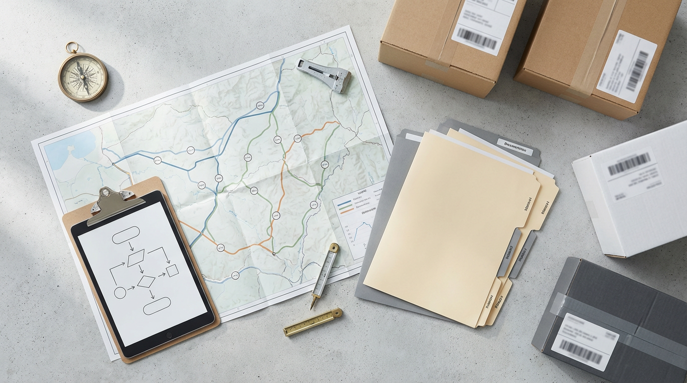 Overhead arrangement of maps, packages, and logistics documentation with soft natural lighting. Overhead arrangement of maps, packages, and logistics documentation with soft natural lighting.