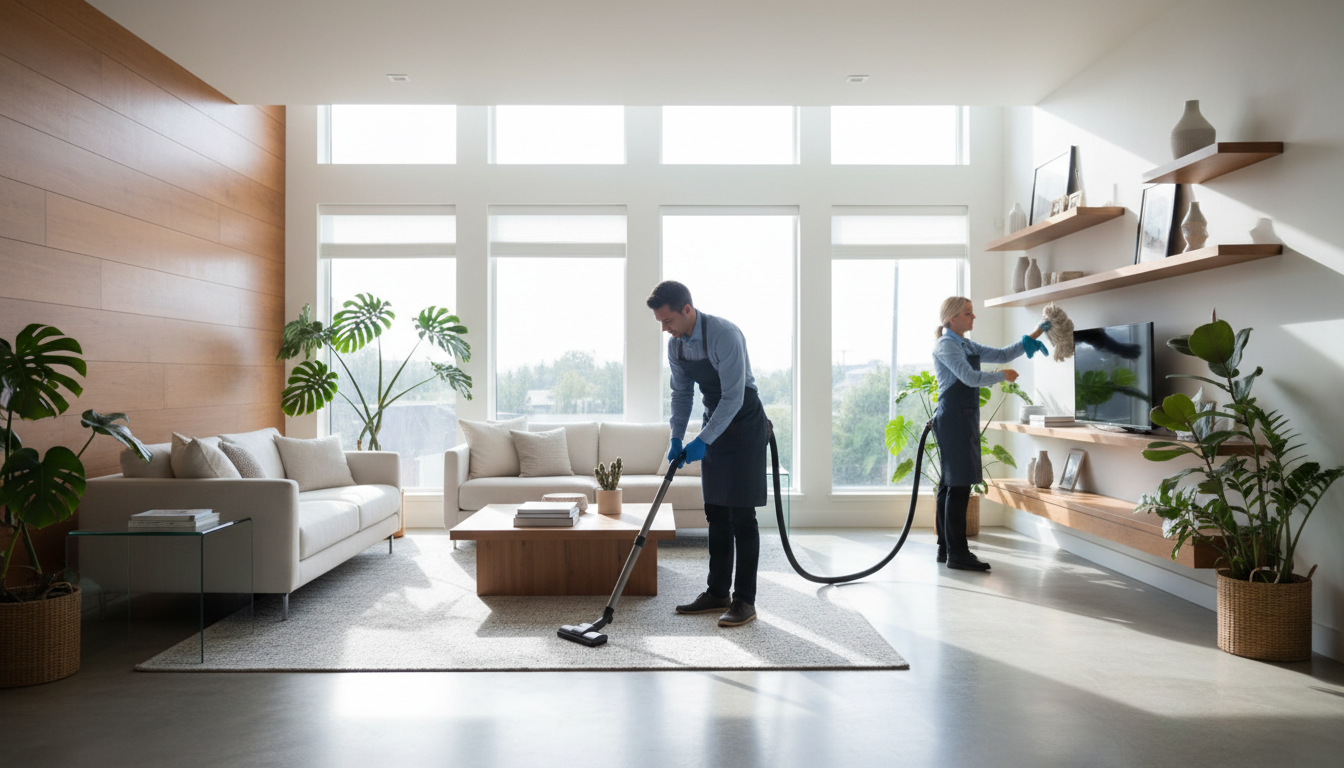 Professional cleaning team member vacuuming bright living room while colleague organizes shelves in sunlit modern home