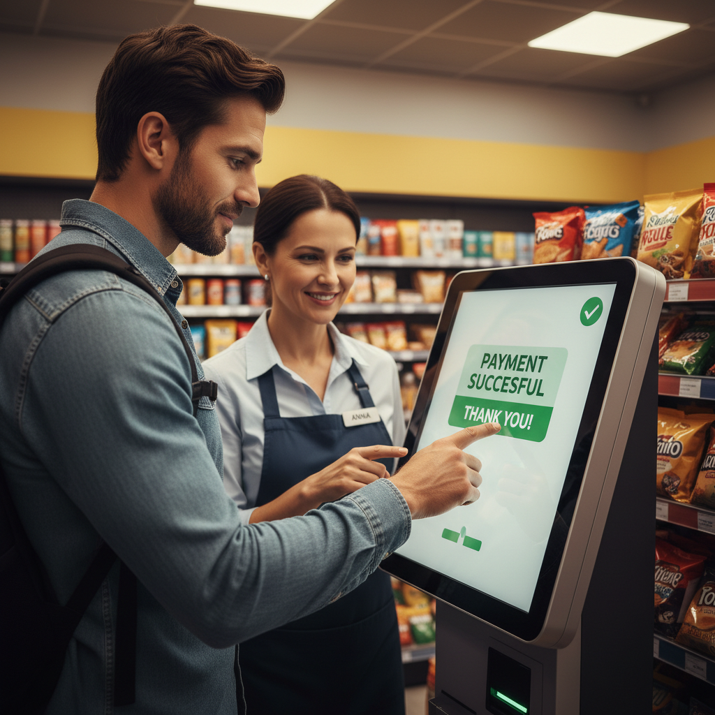 Customer making digital bill payment at retail kiosk with merchant assistance in neighborhood store