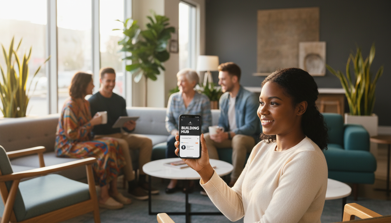 Diverse apartment residents gathering in modern lounge, connecting over smartphones showing community app interface