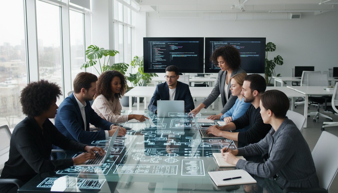 Diverse software development team collaborating on AI project at glass conference table with data visualizations and monitors Diverse software development team collaborating on AI project at glass conference table with data visualizations and monitors