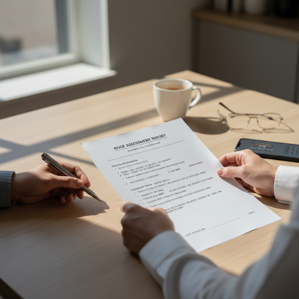 Your personalised action plan tells you exactly where to focus before listing. Homeowner reviewing a detailed written property recommendations report at kitchen table with natural light