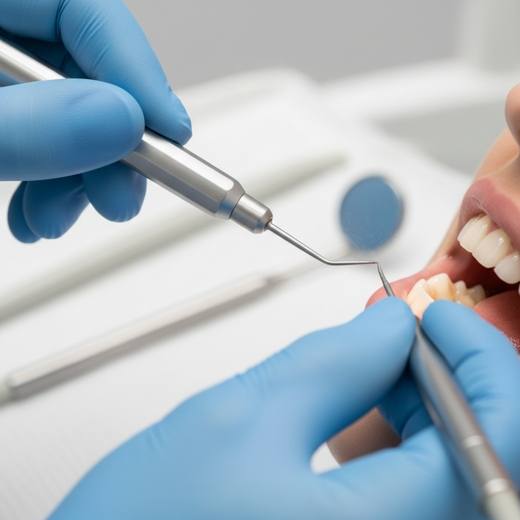 Dental deep cleaning is a medical procedure targeting health below the gum line. A dental professional using specialized tools for a deep cleaning scaling procedure on a patient's teeth.