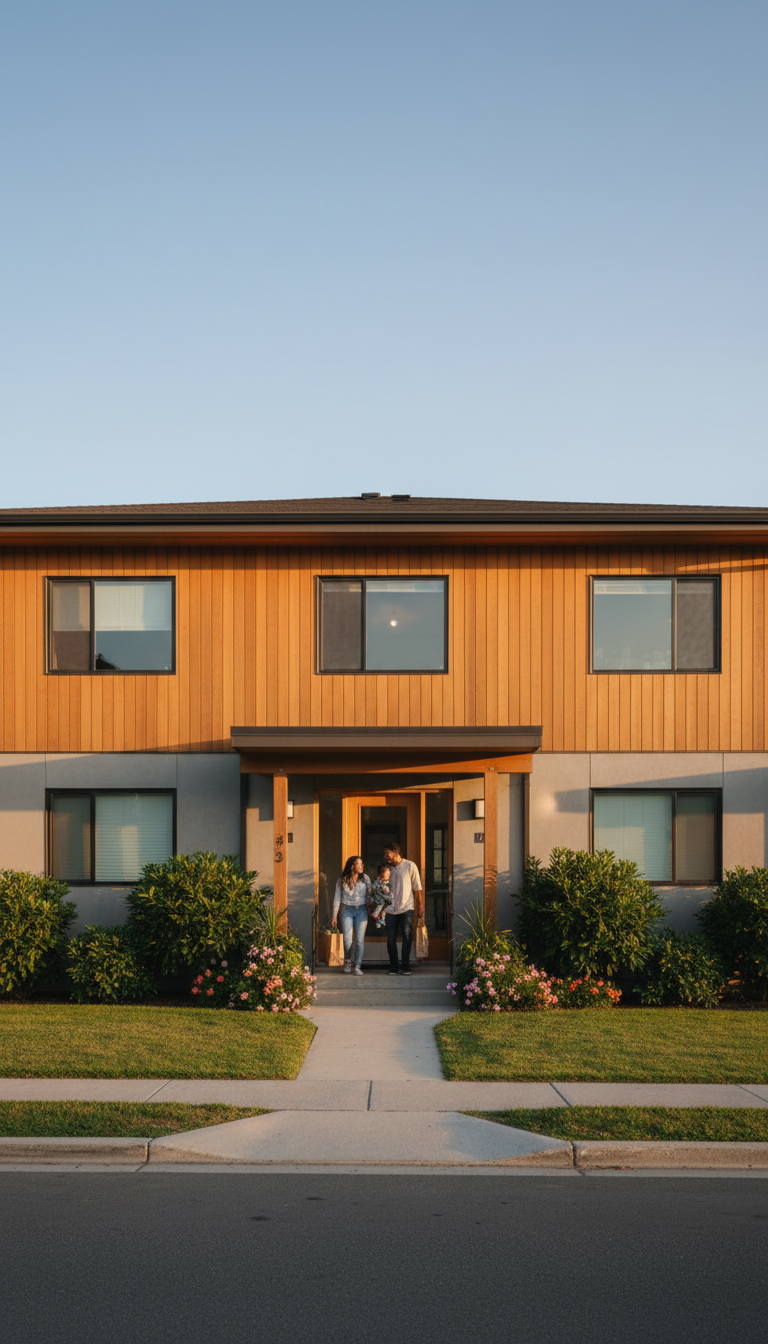 Well-maintained residential property exterior with welcoming entrance and landscaping in warm golden hour light Well-maintained residential property exterior with welcoming entrance and landscaping in warm golden hour light