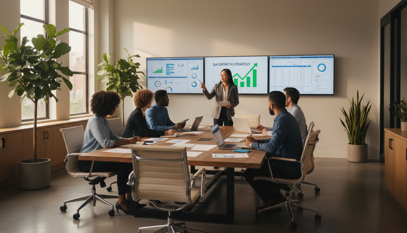 Diverse team of business consultants collaborating around conference table, reviewing e-commerce analytics and growth strategies Diverse team of business consultants collaborating around conference table, reviewing e-commerce analytics and growth strategies