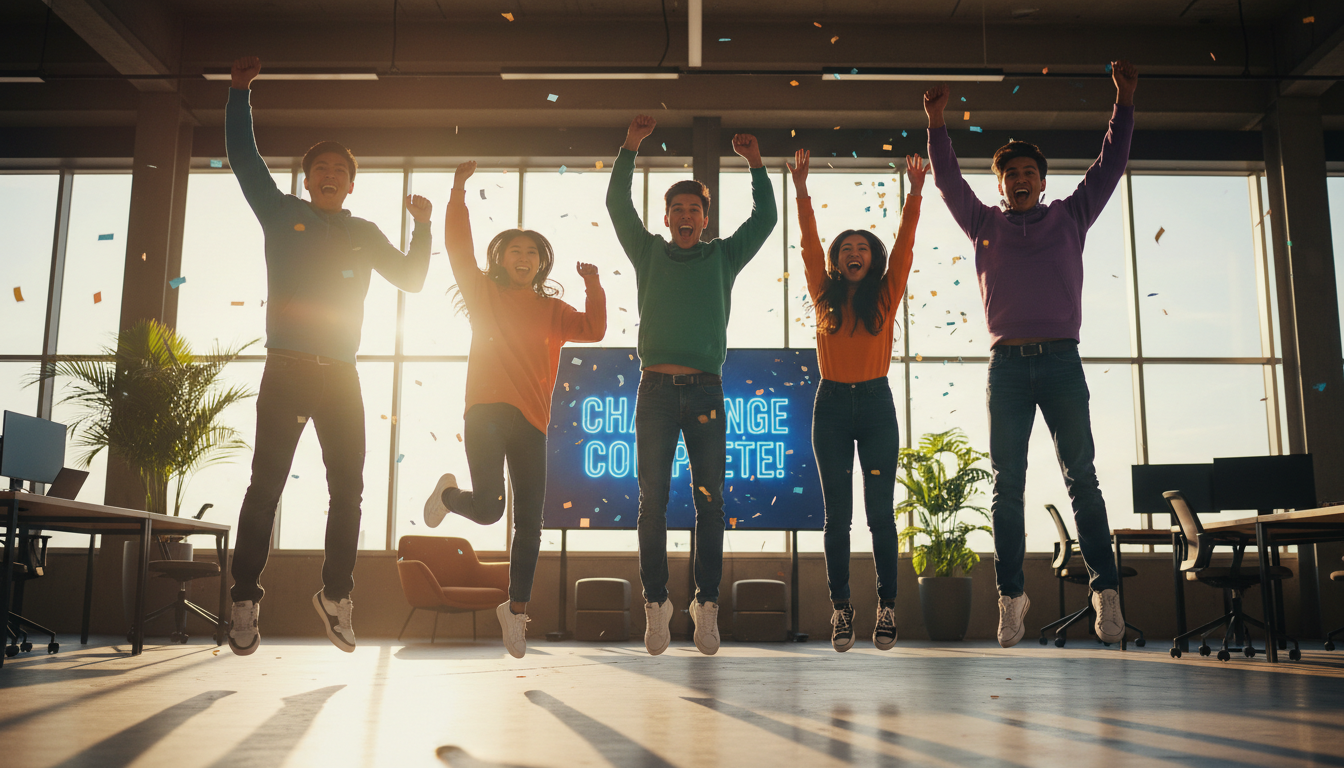 Diverse group of students celebrating with raised arms after completing coding challenge in bright, modern tech workspace Diverse group of students celebrating with raised arms after completing coding challenge in bright, modern tech workspace