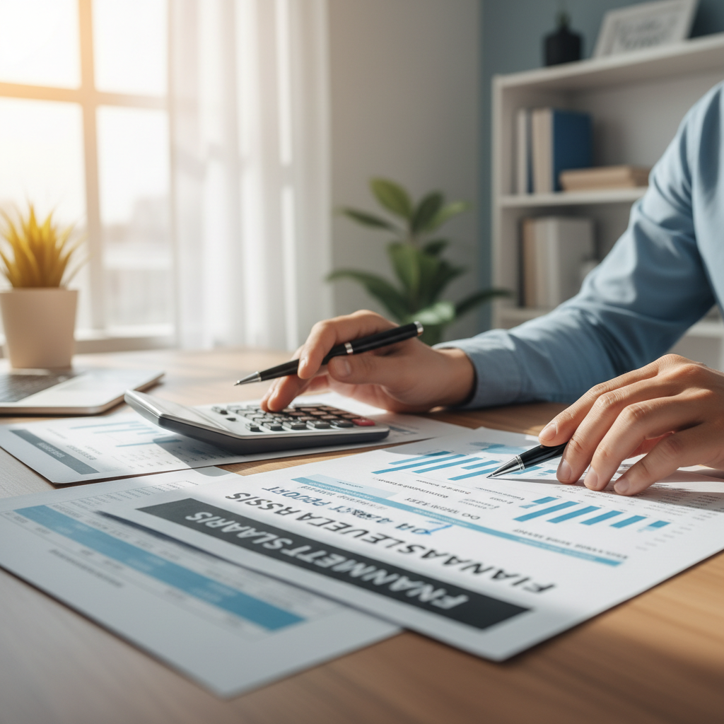 CPA's hands reviewing financial spreadsheets with calculator and pen at wooden desk