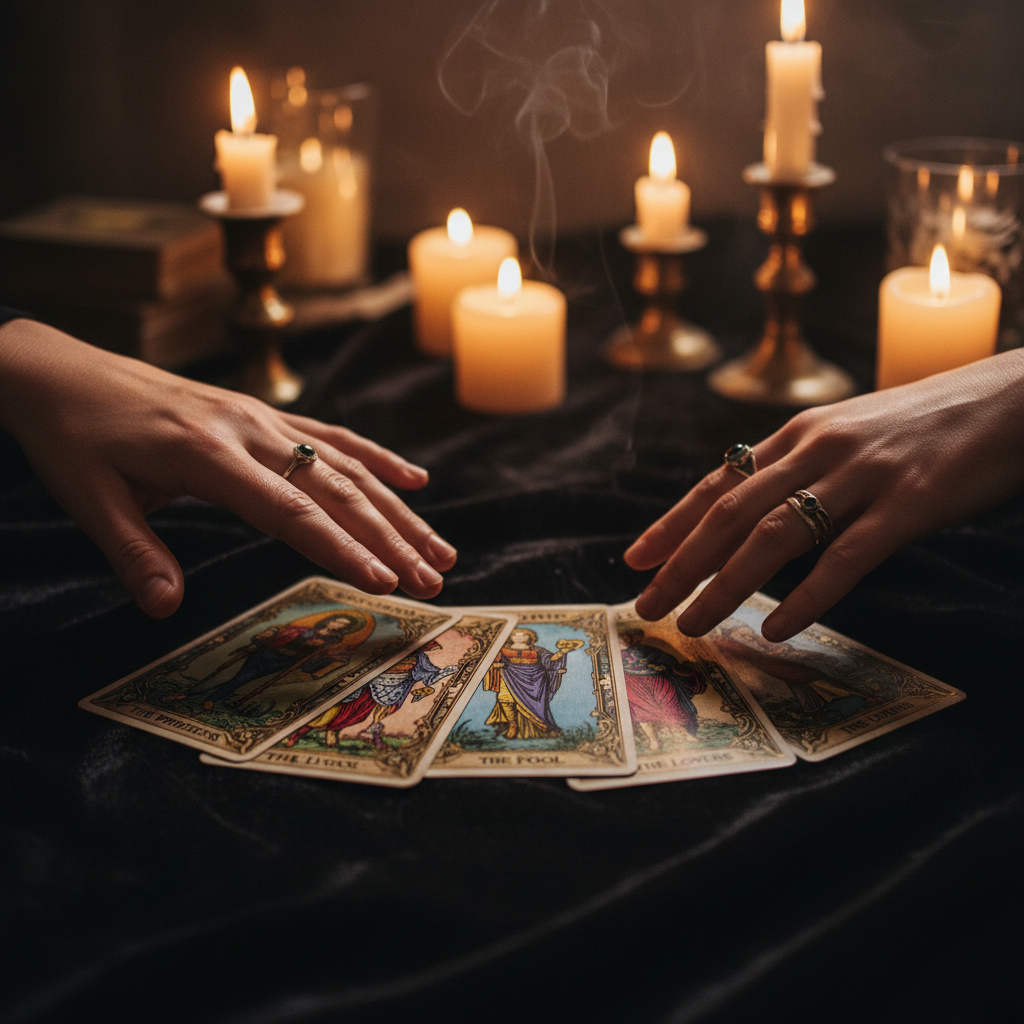 Close-up of hands hovering over tarot cards spread on velvet, illuminated by warm candlelight with golden bokeh background