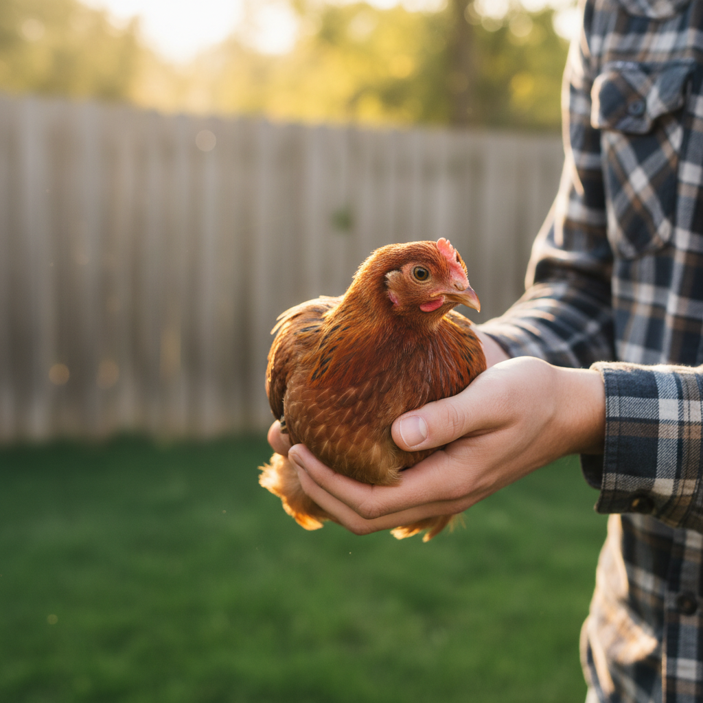 Hands gently holding a young Rhode Island Red chicken in sunlit backyard, demonstrating proper poultry handling technique