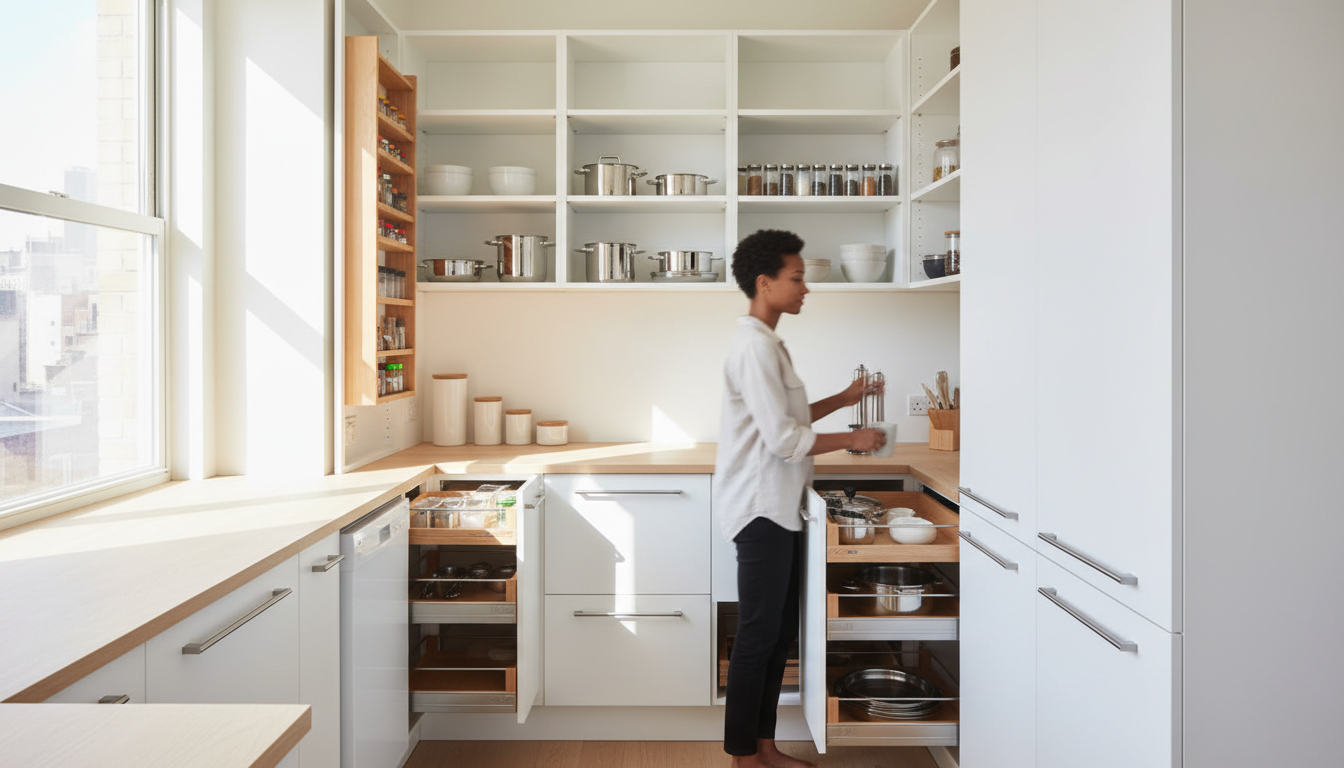 Integrating recycling into your kitchen design makes sustainable living effortless. A modern kitchen cabinet with a built-in pull-out drawer containing two separate bins for trash and recycling.