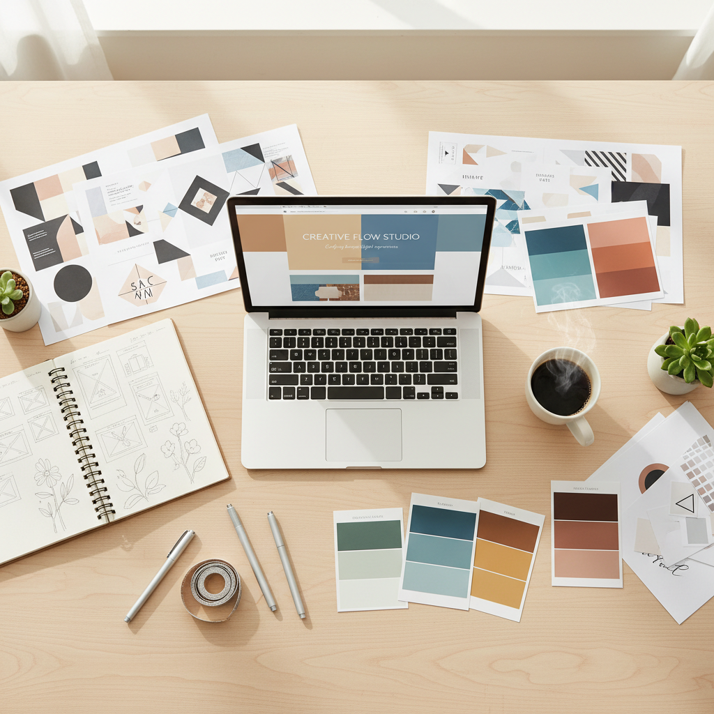 Consistency across all visual assets is the first step in building a trustworthy brand. A flat lay of a brand style guide with color swatches and typography samples on a wooden desk.