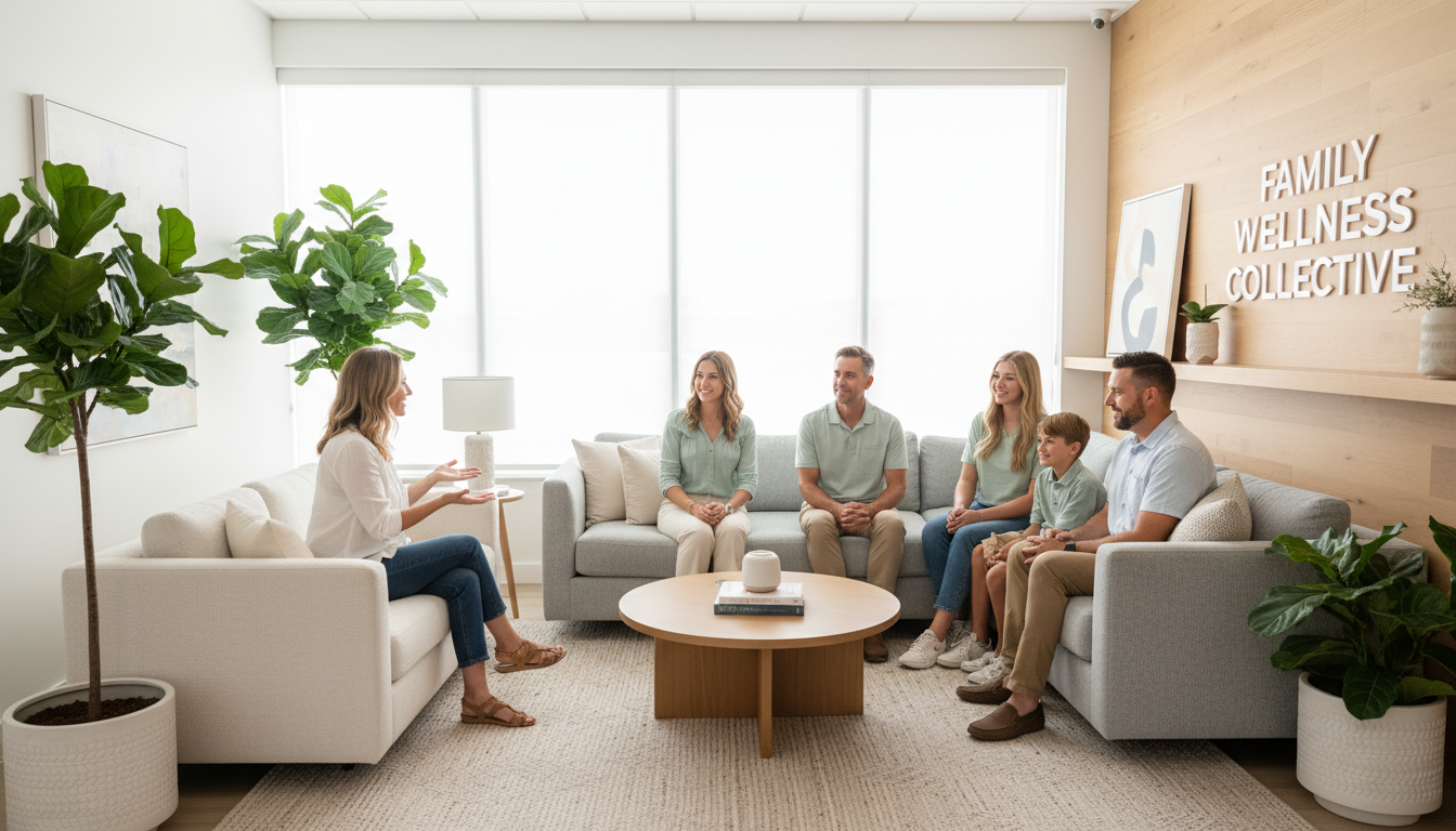 Multi-generational family engaged in therapy session with professional therapist in bright, modern wellness space Multi-generational family engaged in therapy session with professional therapist in bright, modern wellness space