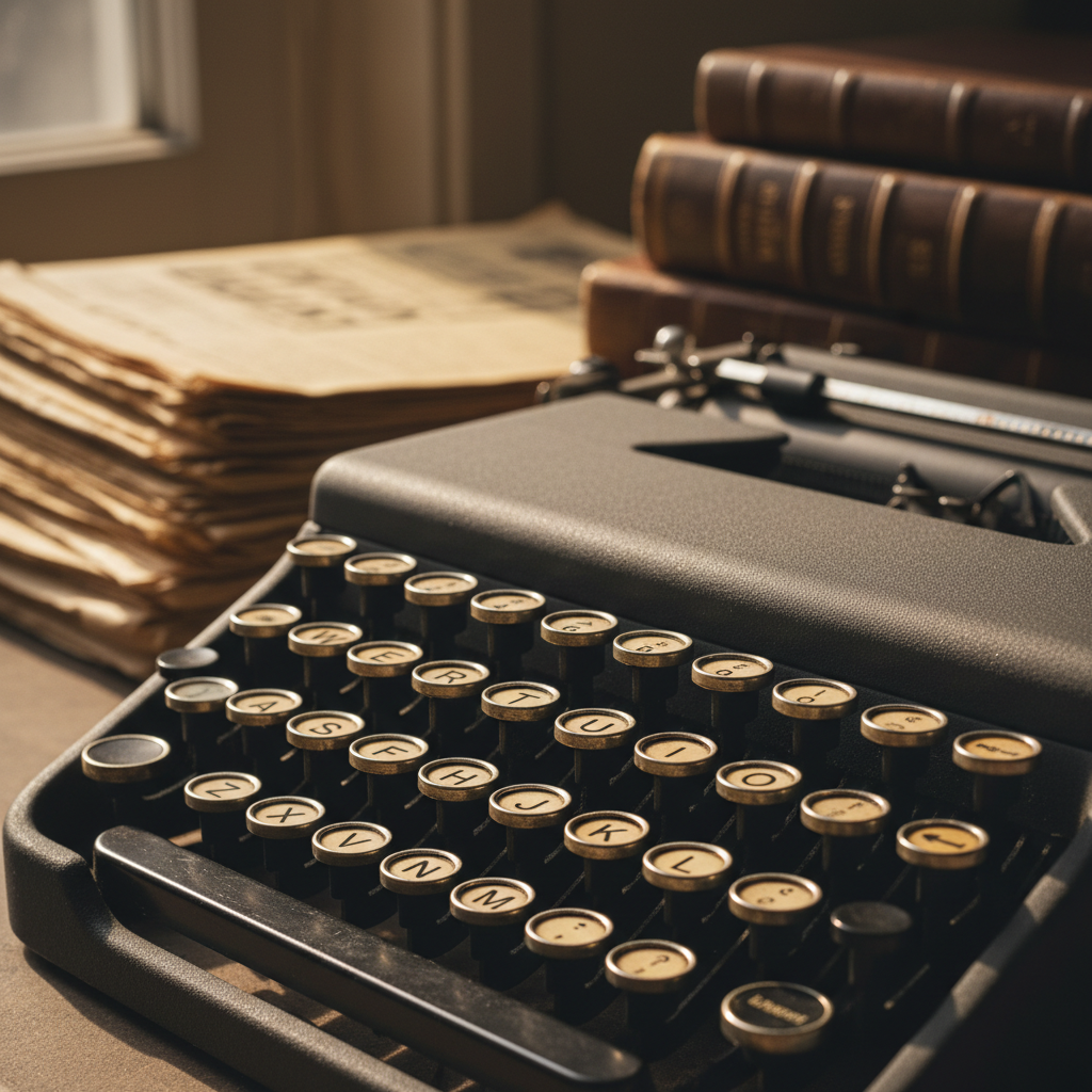 Vintage typewriter and stack of old papers, representing outdated online safety advice that still gets repeated today