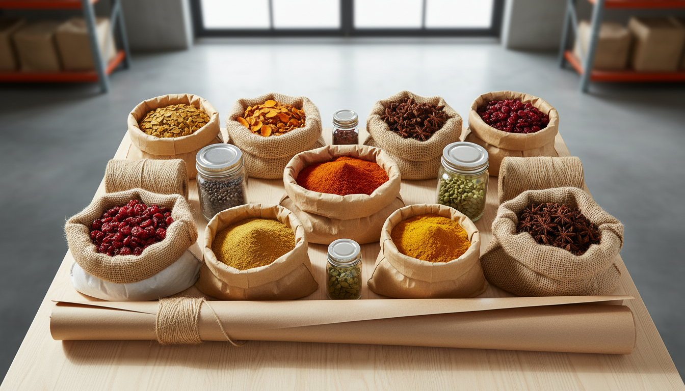 Overhead view of diverse bulk spices and dried fruits in eco-friendly kraft bags arranged on wooden surface with natural lighting Overhead view of diverse bulk spices and dried fruits in eco-friendly kraft bags arranged on wooden surface with natural lighting