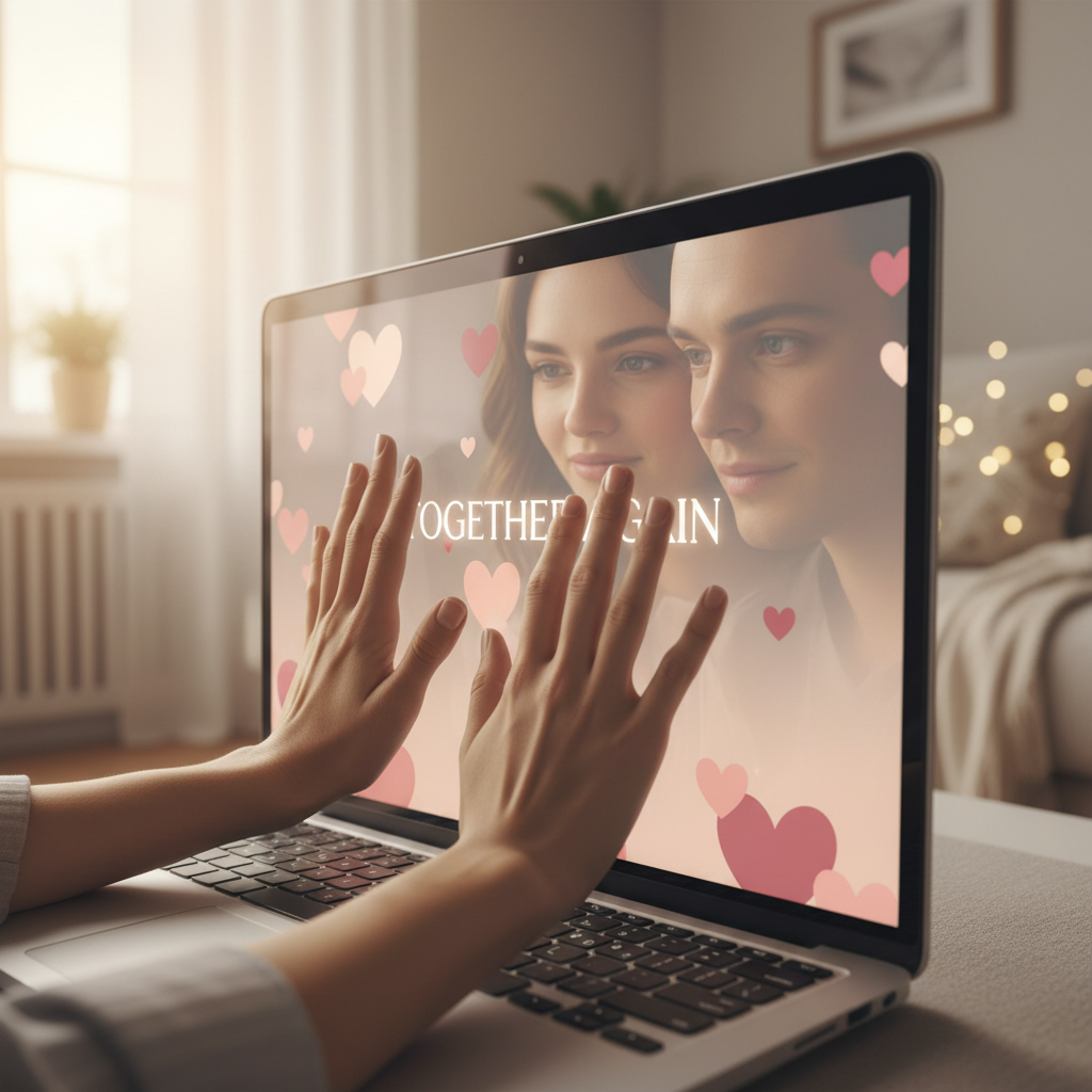 Two people's hands gently touching over a laptop screen displaying heart animations in soft pink tones